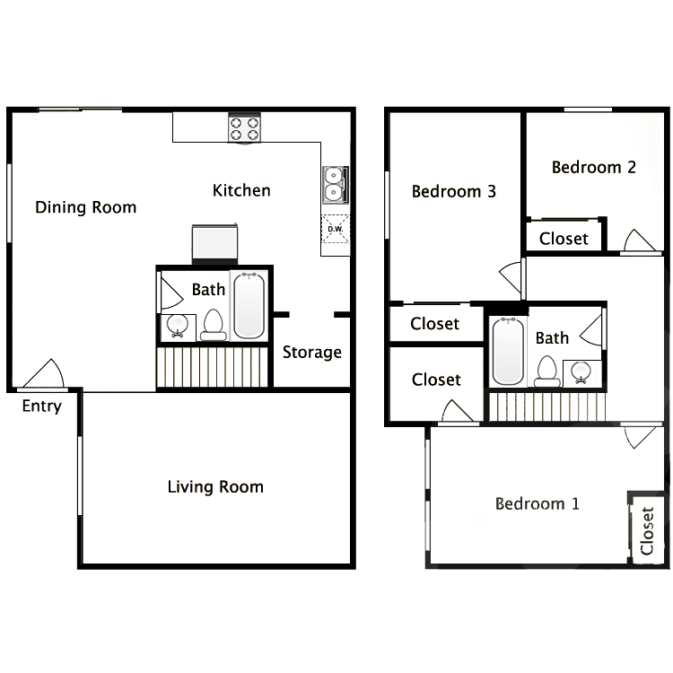 Three Bedroom Two Bathroom Townhome floor plan